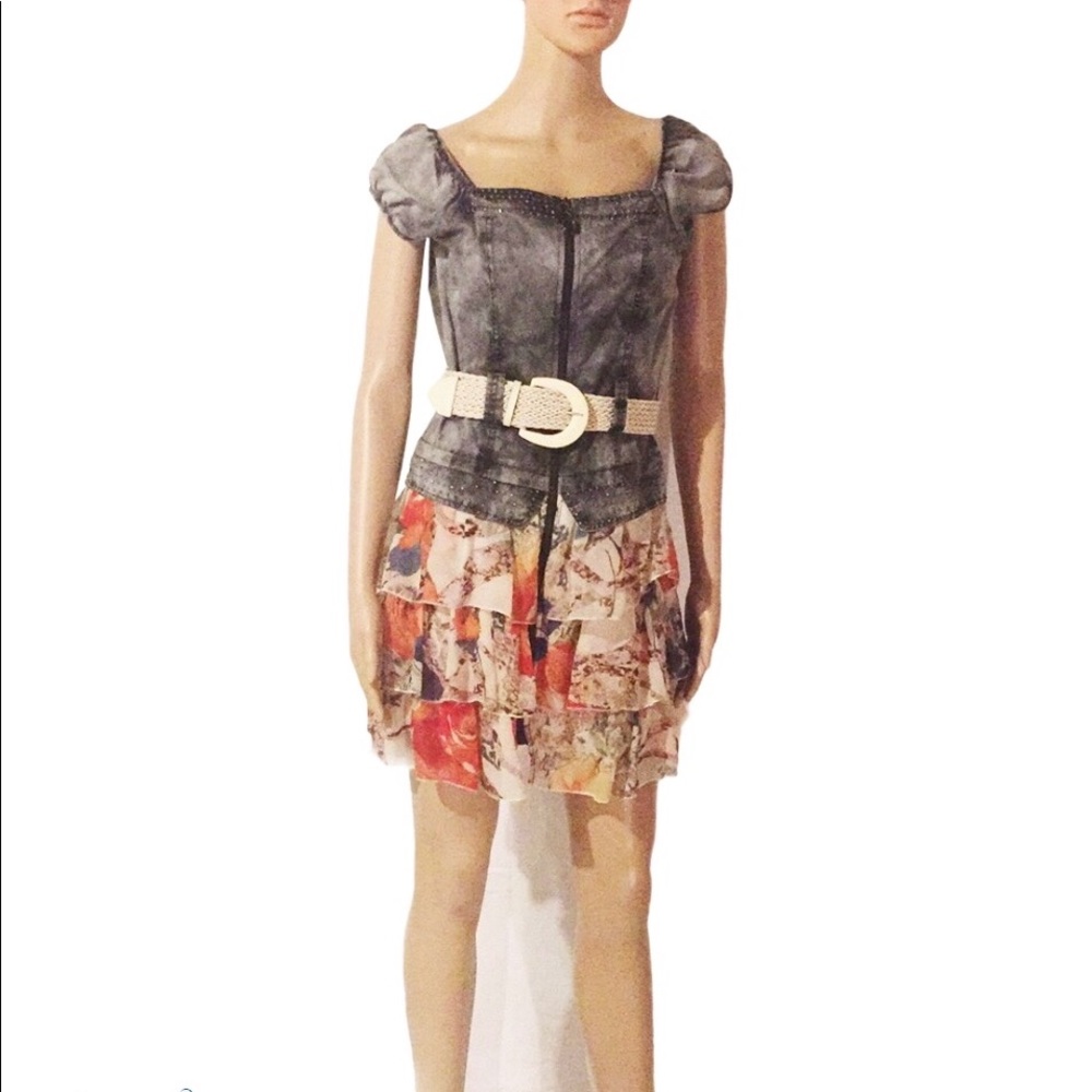 Almost New Floral Denim Dress Off Shoulder w Belt